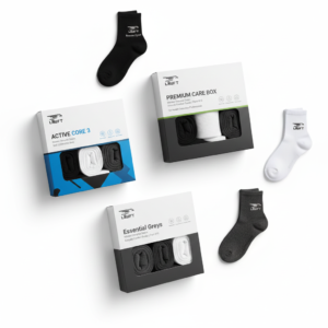 Home premium care box – diabetic socks black, bamboo zig zag black, cotton crew dark grey with high ankle sports white (pack of 5)